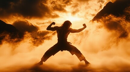 Fototapeta premium Silhouette of muscular man in martial arts pose against dramatic sunset.