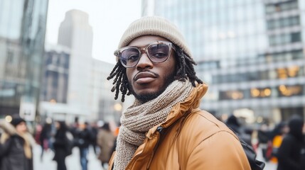 Fototapeta premium Urban style fashion ensemble with streetwear accessories in cityscape