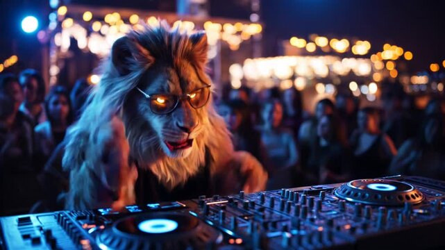 A DJ lion standing at the mixer, creating a remix while dancing under a vibrant, colorful atmosphere