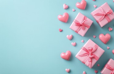 Colorful gift boxes with hearts on a blue background create a festive atmosphere