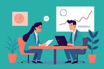 Business Meeting Illustration: Two professionals review documents and data on laptops during a productive meeting, showcasing collaboration and strategic planning. 