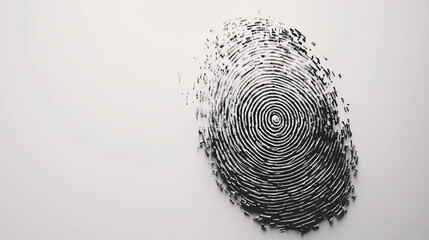 An abstract black ink fingerprint design on a white background with scattered ink detailing individuality and biometric identity
