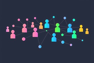 Global Network Connection: Colorful network of interconnected people representing global communication, collaboration, and social media connections.  