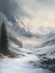 Winter mountain foggy dull day snowy landscape