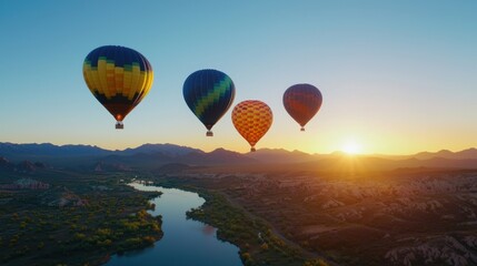 Naklejka premium Vibrant hot air balloons at sunrise over majestic desert landscape