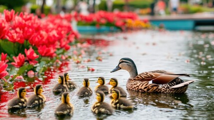 Duck with Fluffy Ducklings in Colorful Flower-Decorated Pond