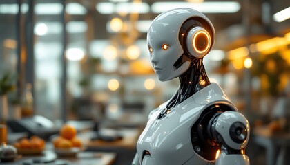 Fototapeta premium Futuristic robot with glowing orange eyes on blurred background. Modern artificial intelligence and robotics technology concept. Robotic automation in action side view