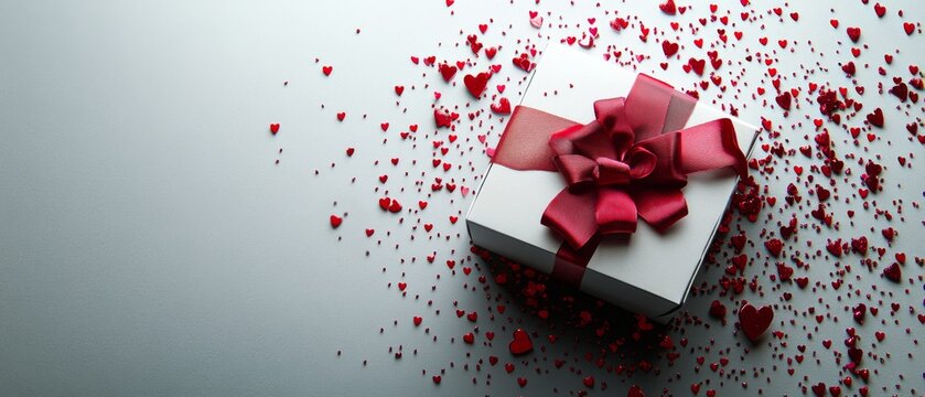 Gift box with pink ribbon surrounded by heart decorations for special occasions