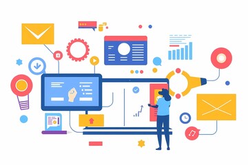 Digital Marketing Strategy: A woman interacts with a large computer screen surrounded by colorful icons representing various digital marketing channels.