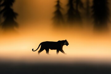 a tiger silhouette strolling in misty forest at sunrise for world wildlife day celebrations