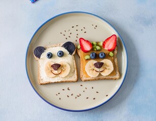 Funny animal faces toasts with fruits and berries for kids breakfast