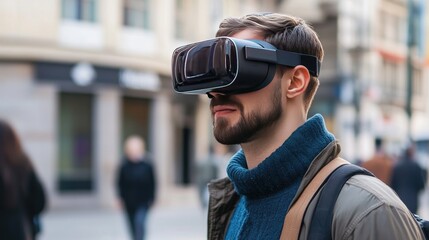 Young Man Exploring Virtual Reality Outdoors in Urban Environment