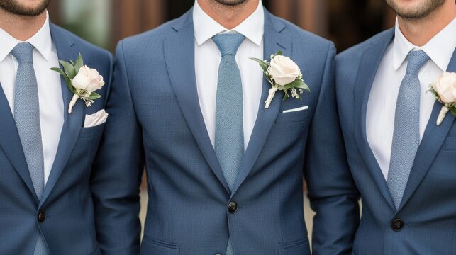 Wedding style inspiration: groomsmen in matching blue suits with elegant boutonnieres