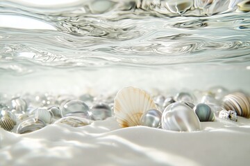 Nacreous pearls and shells lie beneath the clear water on the white sand, an empty space
