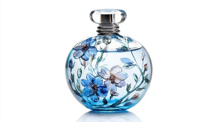 A transparent bottle of perfume with a floral design on white isolated background