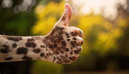 Fototapeta premium positive hand with thumb up made entirely of full spotted cowhide