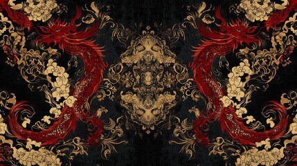 Obraz premium Elegant red dragon motif artwork cultural heritage display digital illustration artistic design close-up view traditional symbolism