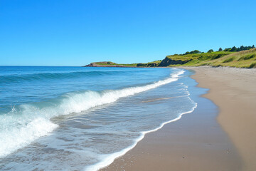 Waves crashing on a sandy beach, under clear blue skies, with seagulls in flight.