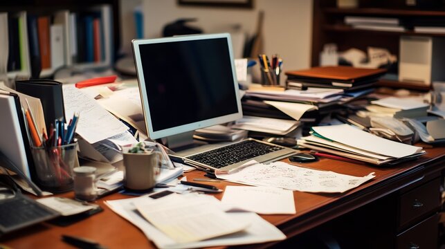Messy and cluttered office desk with copy space 