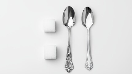 A shiny silver teaspoon and a sugar cube placed on a white isolated background