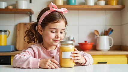Happy young girl with a pink bow examining a jar of orange juice in a kitchen