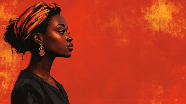 DEI banner with a Portrait of a African Woman with Scarf and Earrings on Bright Textured Background. Artistic depiction of a vlack woman in profile wearing a headscarf and earrings.