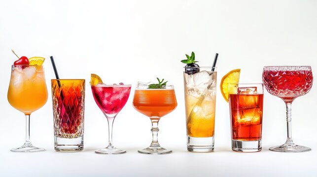 A set of colorful cocktail glasses with different drinks on a white isolated background