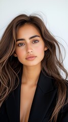 Naklejka premium A woman with long brown hair wearing a black blazer