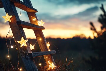 Wooden ladder adorned with glowing star-shaped lights against a breathtaking sunset sky, creating a whimsical and enchanting outdoor ambiance for evening gatherings and celebrations.