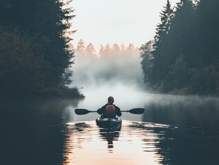 Solo kayaker paddling on a calm, misty lake at sunrise, surrounded by tall trees.