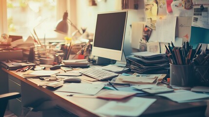 Messy and cluttered office desk with copy space 