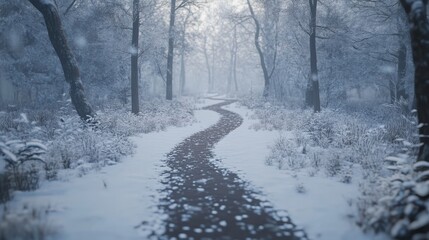 Obraz premium Snowy path winding through a magical winter wonderland forest