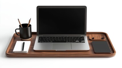 A neatly organized desk with a laptop, coffee cup, and pen on a white isolated background