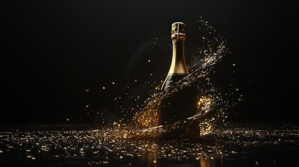 Sparkling champagne bottle with splash and gold particles on dark background.