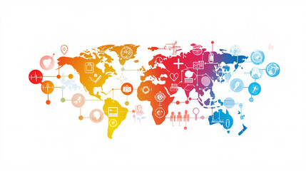 Fototapeta premium A colorful world map with vibrant healthcare-related icons and symbols connected across continents on a clean white background 