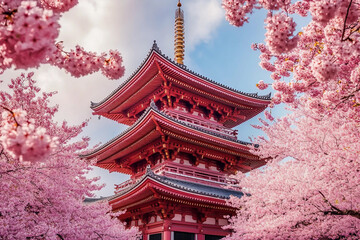 Generative AI depiction of a serene Japanese spring landscape with Mount Fuji and a traditional...