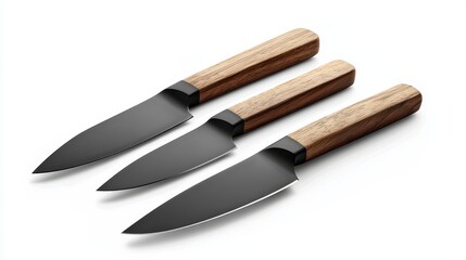 Fototapeta premium A set of modern kitchen knives with wooden handles on a white isolated background