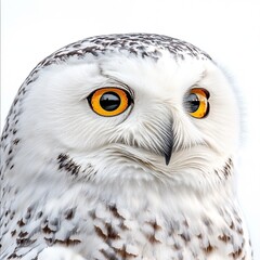 Obraz premium Snowy owl captured in close-up, featuring a plain white background.