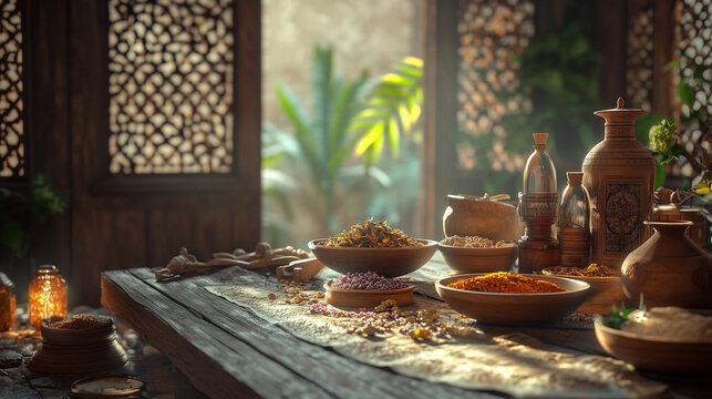 Islamic Natural Remedies Setup on Rustic Wooden Table