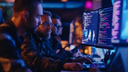 A diverse team of developers, man collaborating on futuristic technology projects, digital screens displaying holograms and coding. The innovation, teamwork, technological advancements, tech business