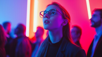 A dynamic scene at a technology expo with a diverse and engaged audience. The vibrant atmosphere of innovation, people curiosity, and excitement, tech and event. Audience at a presentation