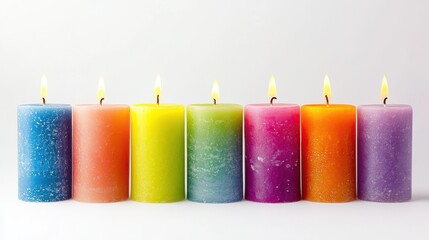 A set of colorful candles arranged symmetrically on a white isolated background