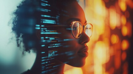 A futuristic concept of artificial intelligence and human connection represented by a profile of a young African woman with glowing digital code overlay. innovation, AI, and human-tech collaboration