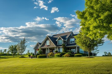 Obraz premium Serene Countryside Estate with Expansive Yard and Clear Blue Skies