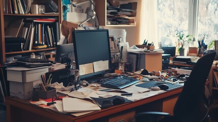 Fototapeta premium Messy and cluttered office desk with copy space 