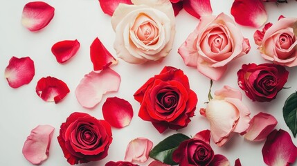 A fresh bouquet of roses with vibrant red and pink petals on a white isolated background