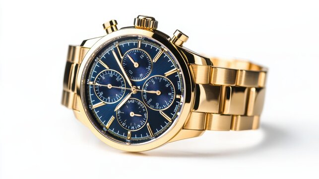 A luxury wristwatch with a gold band and a blue dial on a white isolated background