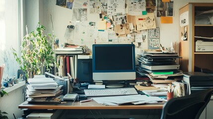 Messy and cluttered office desk with copy space 