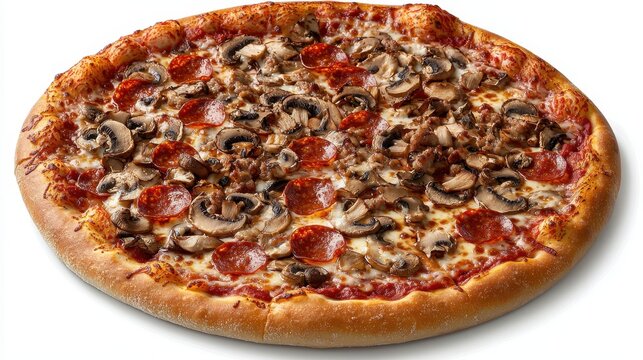 A delicious fresh pizza with toppings like pepperoni, mushrooms, and cheese on a white isolated background