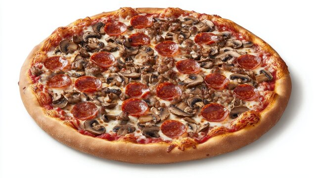 A delicious fresh pizza with toppings like pepperoni, mushrooms, and cheese on a white isolated background - Powered by Adobe